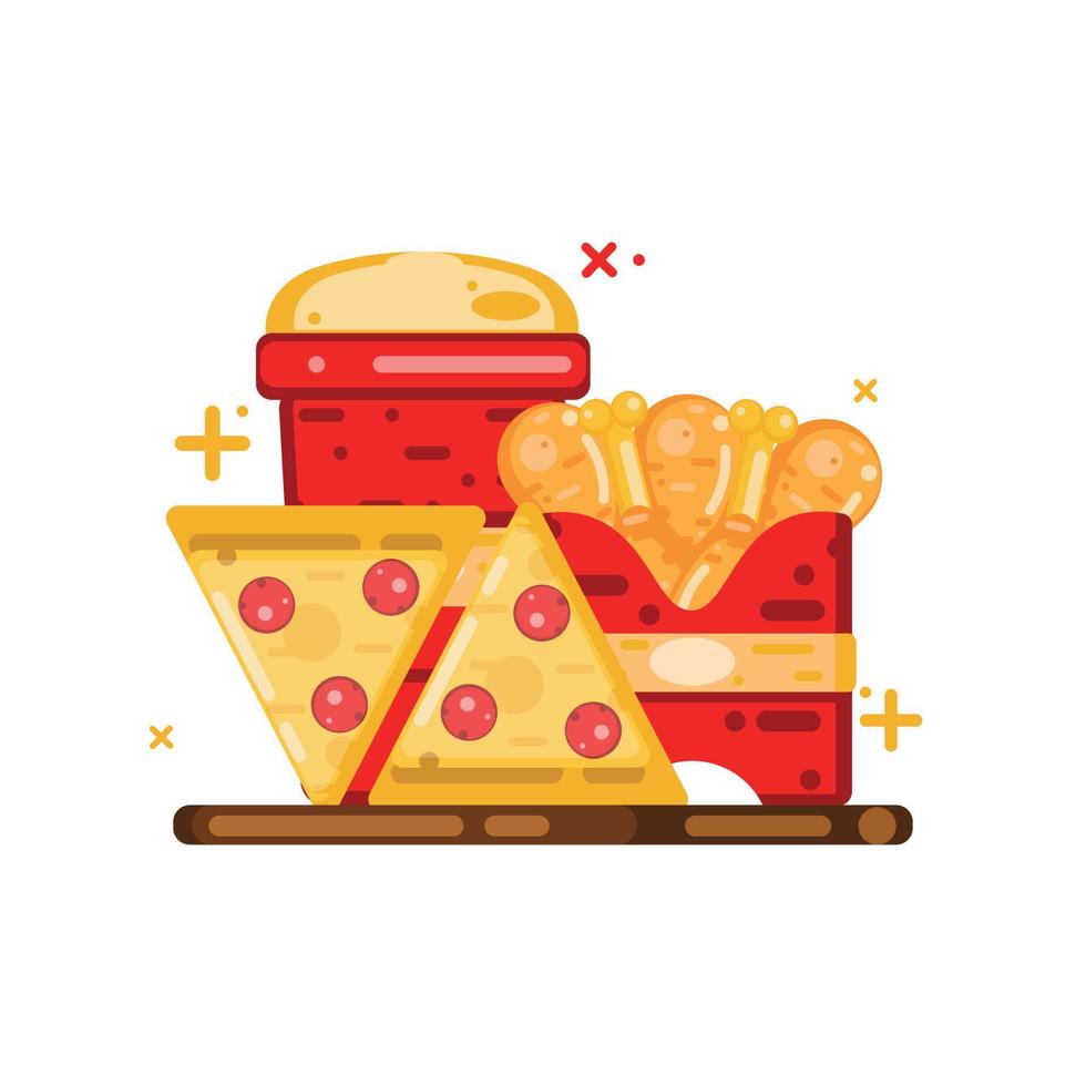 Pizza, fritte pollo e bevanda veloce cibo illustrazione e icona cibo e bevande icona isolato vettore