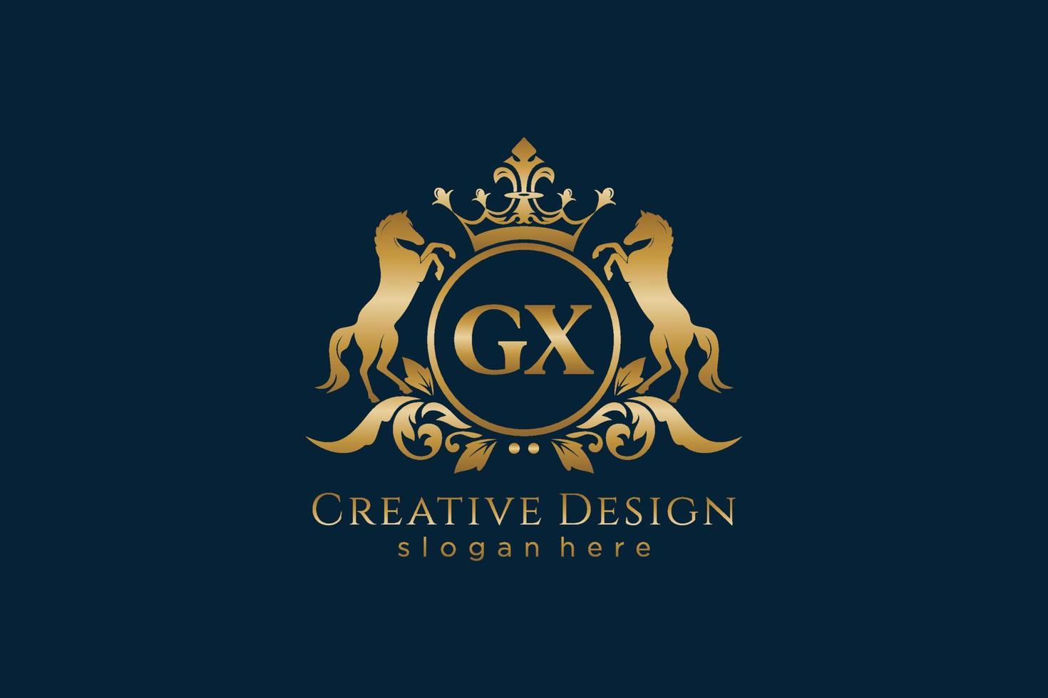 iniziale gx retrò d'oro cresta con cerchio e Due cavalli, distintivo modello con pergamene e reale corona - Perfetto per lussuoso il branding progetti vettore