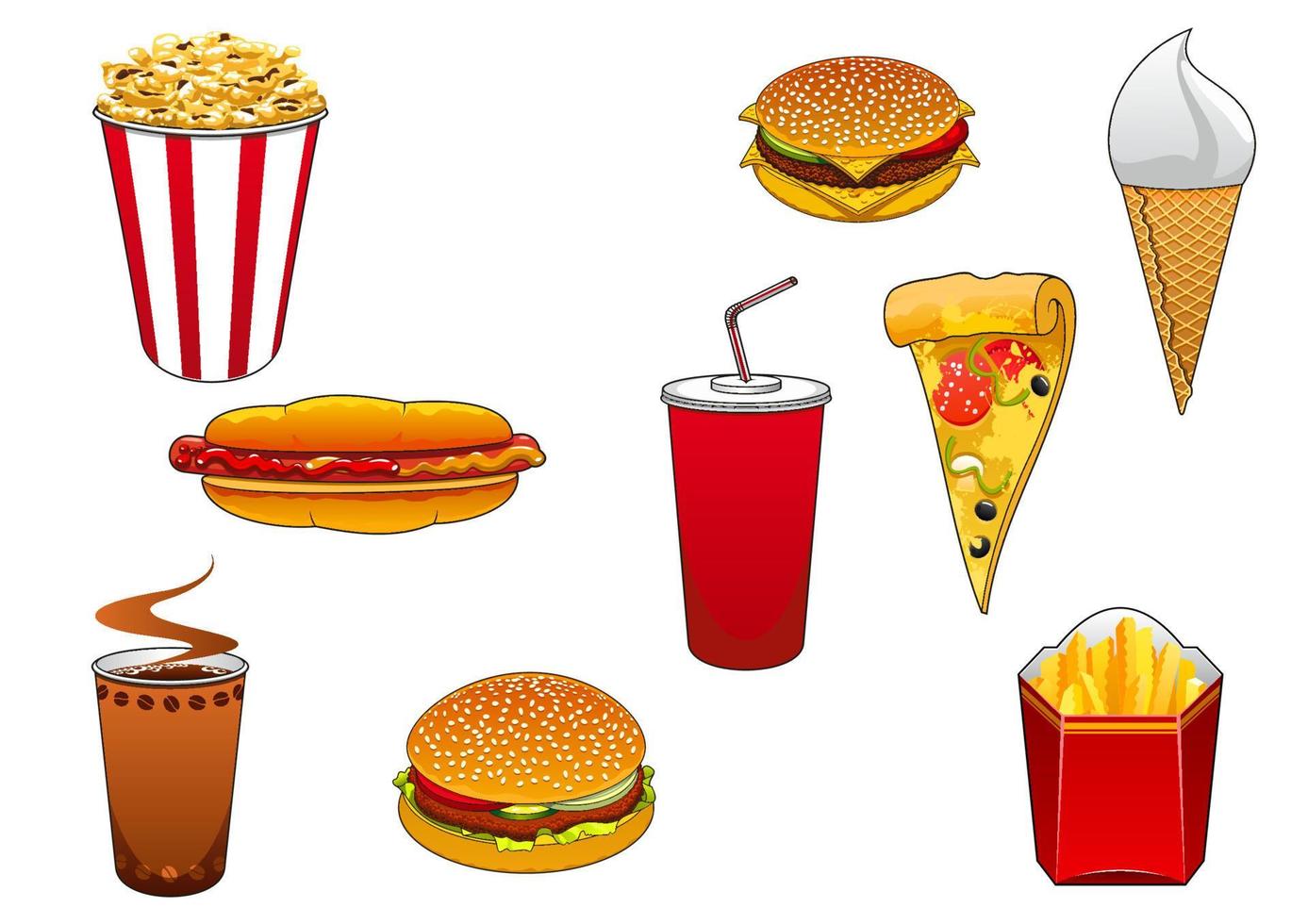 Fast food abd porta via cartone animato personaggi vettore