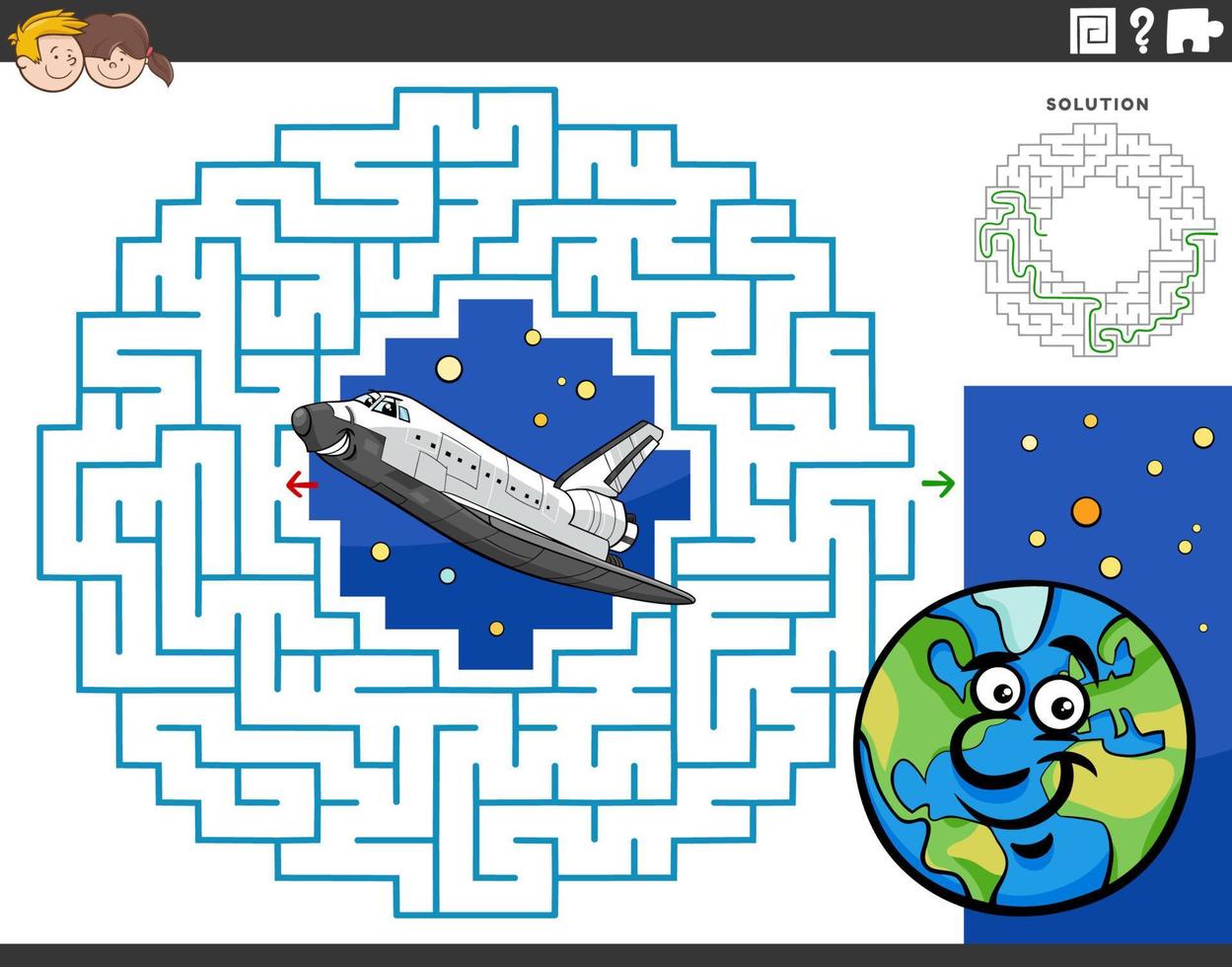 labirinto con cartone animato spazio navetta e pianeta terra vettore