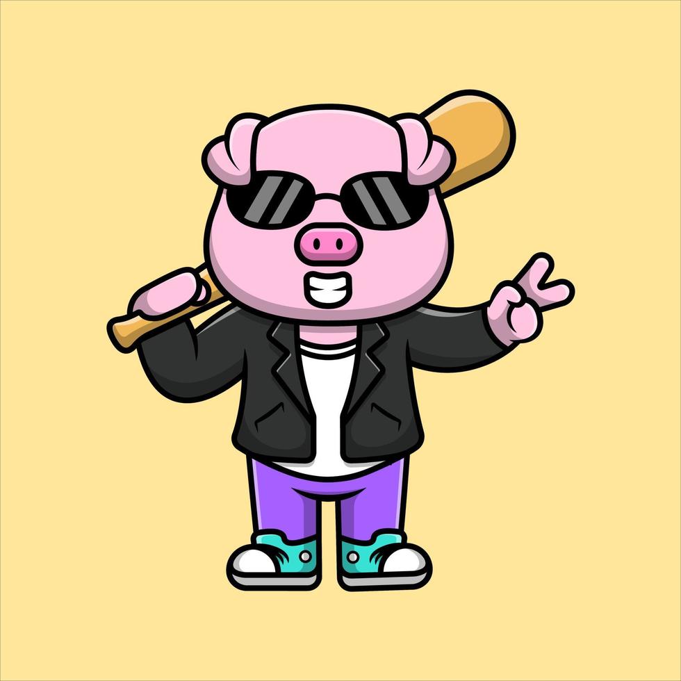carino maiale con baseball pipistrello con giacca e pace mano cartone animato vettore icona illustrazione. piatto cartone animato concetto