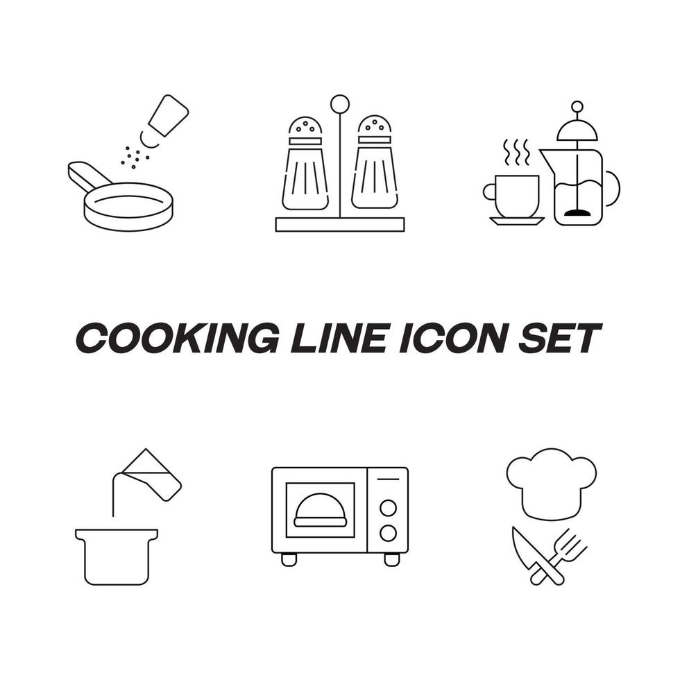 cucinando, cibo e cucina concetto. collezione di moderno schema monocromatico icone nel piatto stile. linea icona impostato di sale e Pepe, tè festa, bollente, ciotola nel microonde forno, capocuoco cappello, cucina utensili vettore