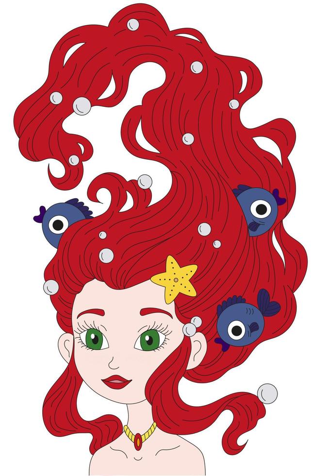 sirena personaggio ragazza con rosso capelli perle e blu pesce, forcina di stella marina. sirena mare ragazza illustrazione vettore