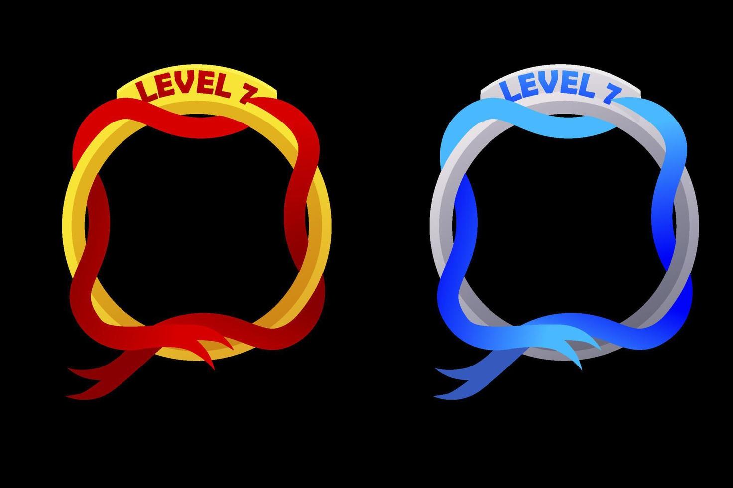oro gioco il giro telaio livello su con rosso e blu nastro. vettore illustrazione impostato vuoto oro telaio per gioco grafico design.