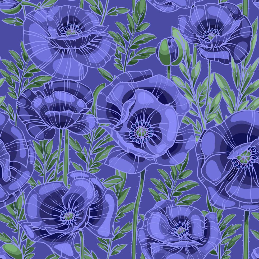 viola blu papaveri senza soluzione di continuità vettore modello, fiori, le foglie e steli