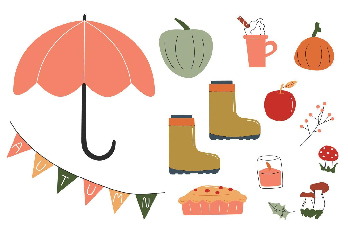 un' collezione di disegnato a mano autunno elementi. ombrello, latte macchiato, zucca, foglie, mela, torta, candela, funghi. vettore azione illustrazione isolato su bianca sfondo