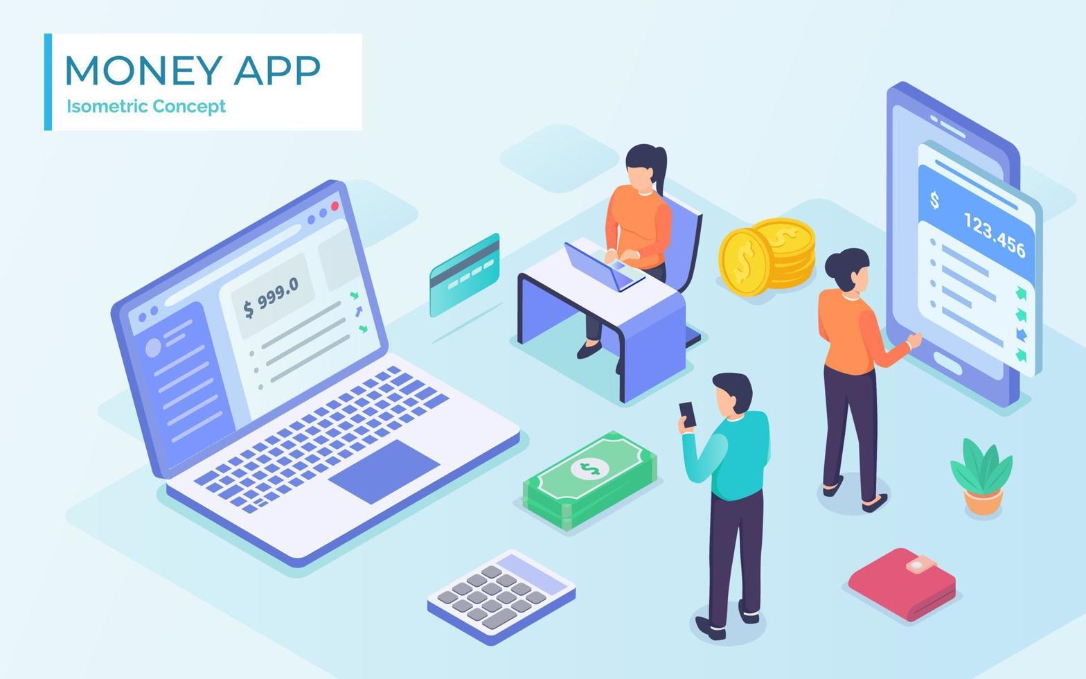 mans e donna fare il compiti dato il i soldi App di utilizzando computer portatili per attività commerciale investimento con moderno piatto isometrico cartone animato illustrazione vettore