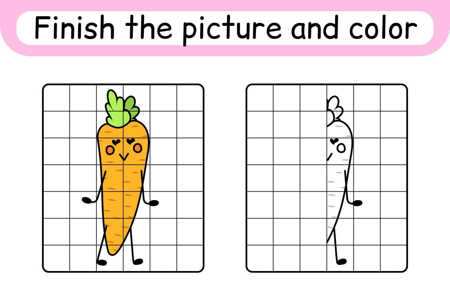 completa l'immagine carota. copia l'immagine e il colore. finire l'immagine. libro da colorare. gioco educativo di disegno per bambini vettore