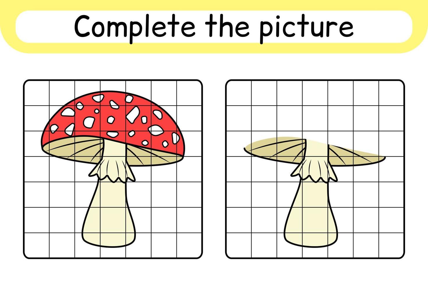 completare il immagine fungo amanita. copia il immagine e colore. finire il Immagine. colorazione libro. educativo disegno esercizio gioco per bambini vettore