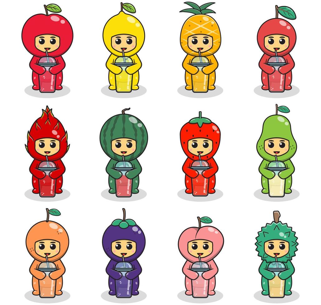 illustrazioni con carino bambini nel frutta costumi Tenere succo. vettore illustrazione di frutta costume. impostato di cartone animato isolato vettore costume personaggi.