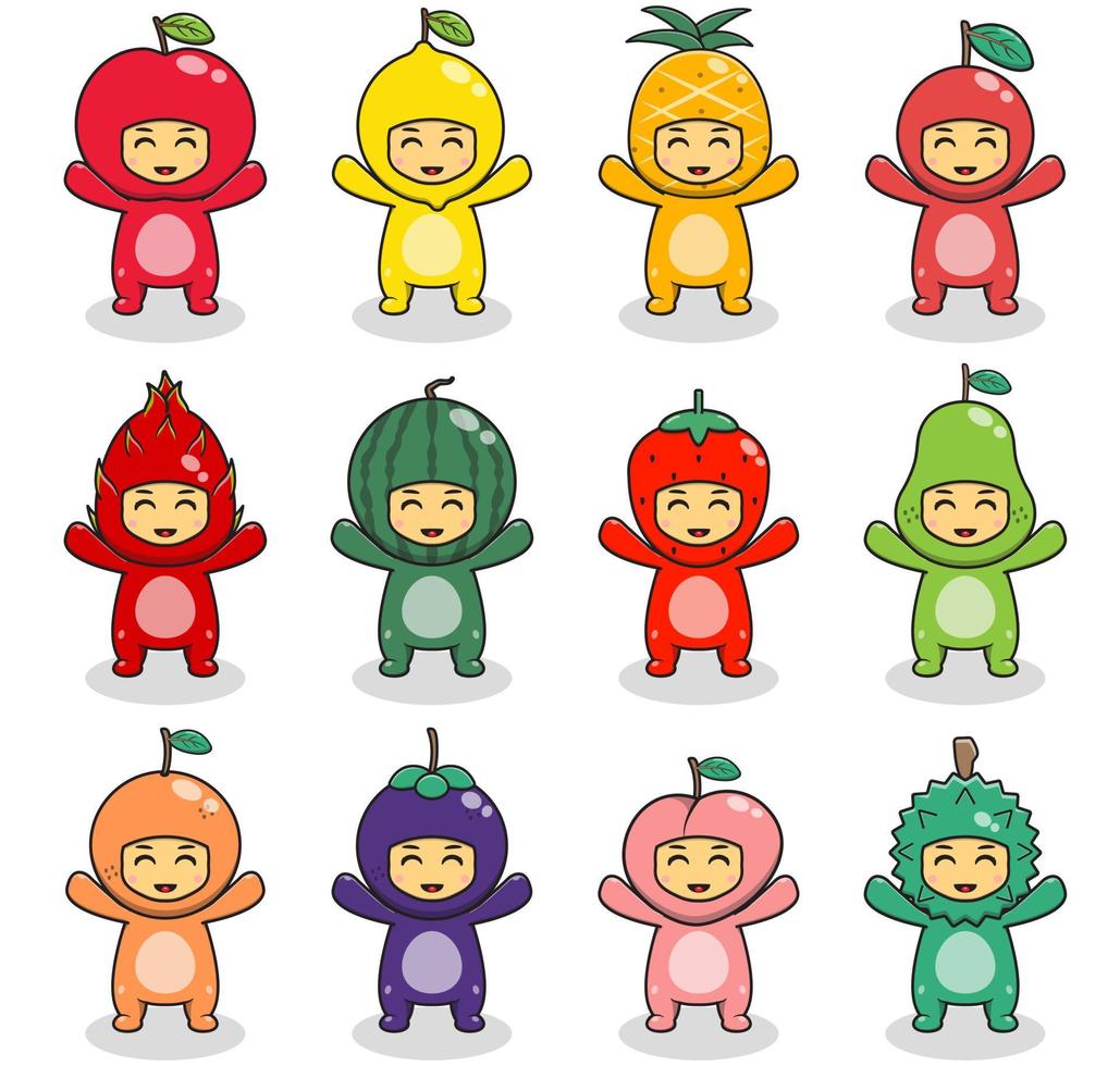 illustrazioni con carino bambini nel frutta costumi mano su posa. vettore illustrazione di frutta costume. impostato di cartone animato isolato vettore costume personaggi.
