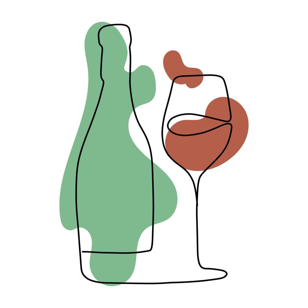 minimalista una linea disegno di un' bottiglia di vino e un' bicchiere. vettore
