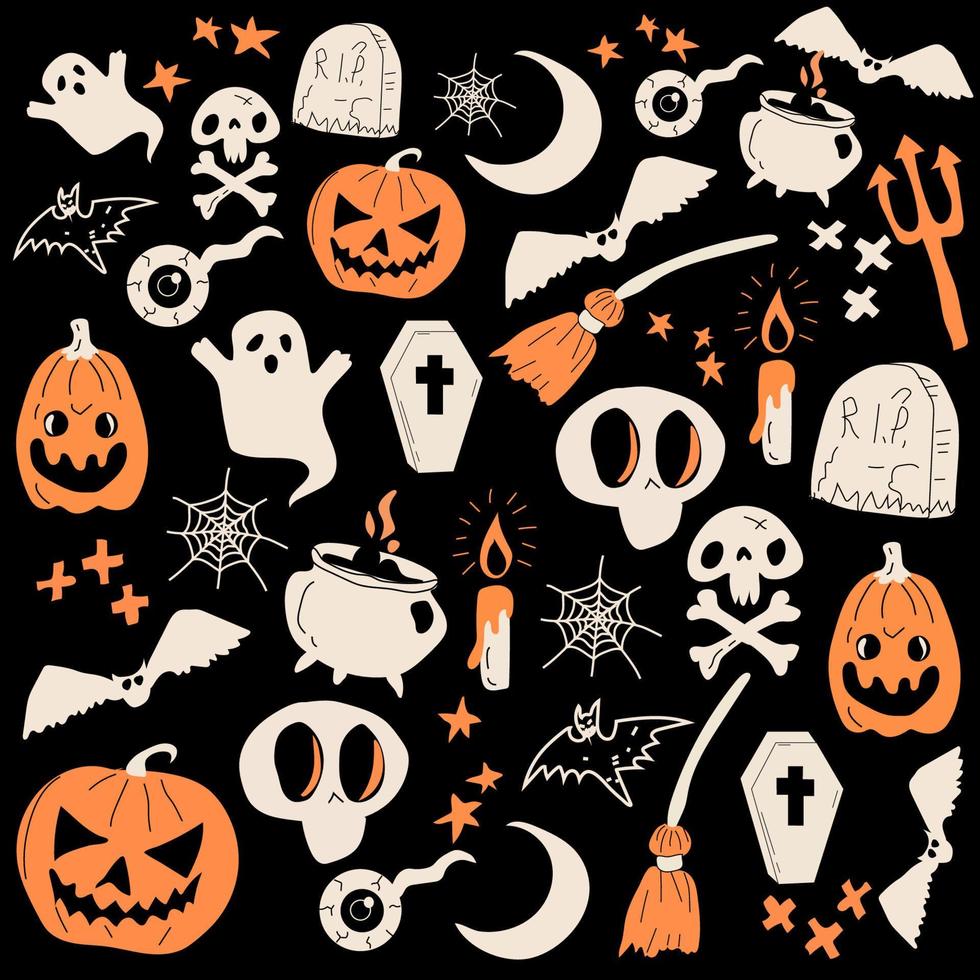 Halloween festa tradizionale scarabocchio icone schizzo mano fatto design su un' nero sfondo vettore