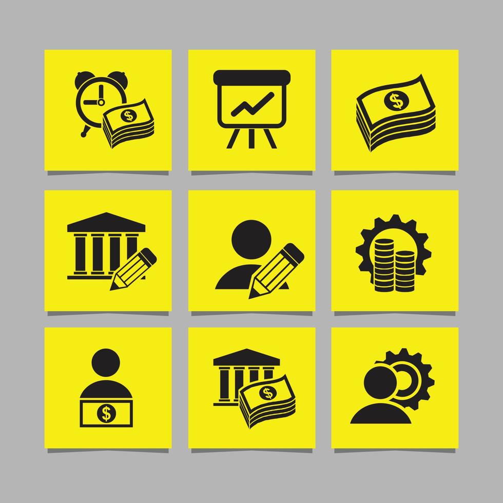 icona impostato di attività commerciale e i soldi immagini disegnato su carta vettore