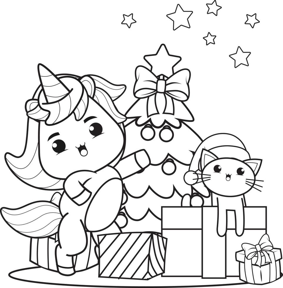 Natale colorazione libro con carino unicorno vettore