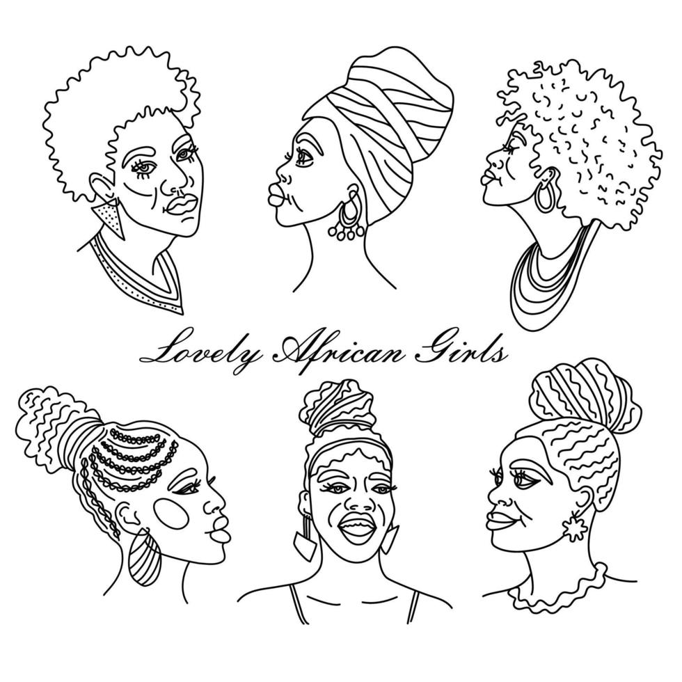 ritratti una linea stile bellissimo africano donne nel tradizionale turbante, kente testa avvolgere africano, nero donne vettore silhouette isolato schizzo, acconciatura concetto