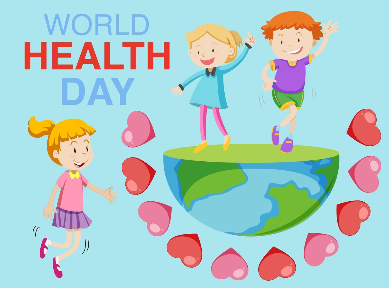 giornata mondiale della salute con i bambini in piedi sulla terra vettore