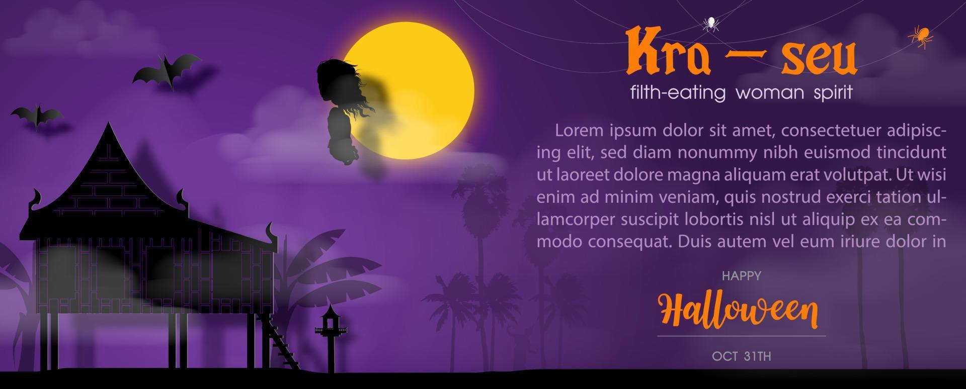 tailandese il male spirito con il nomi kra-seu e esempio testi su pieno Luna, silhouette tailandese Casa e nebbia scena viola sfondo. vettore