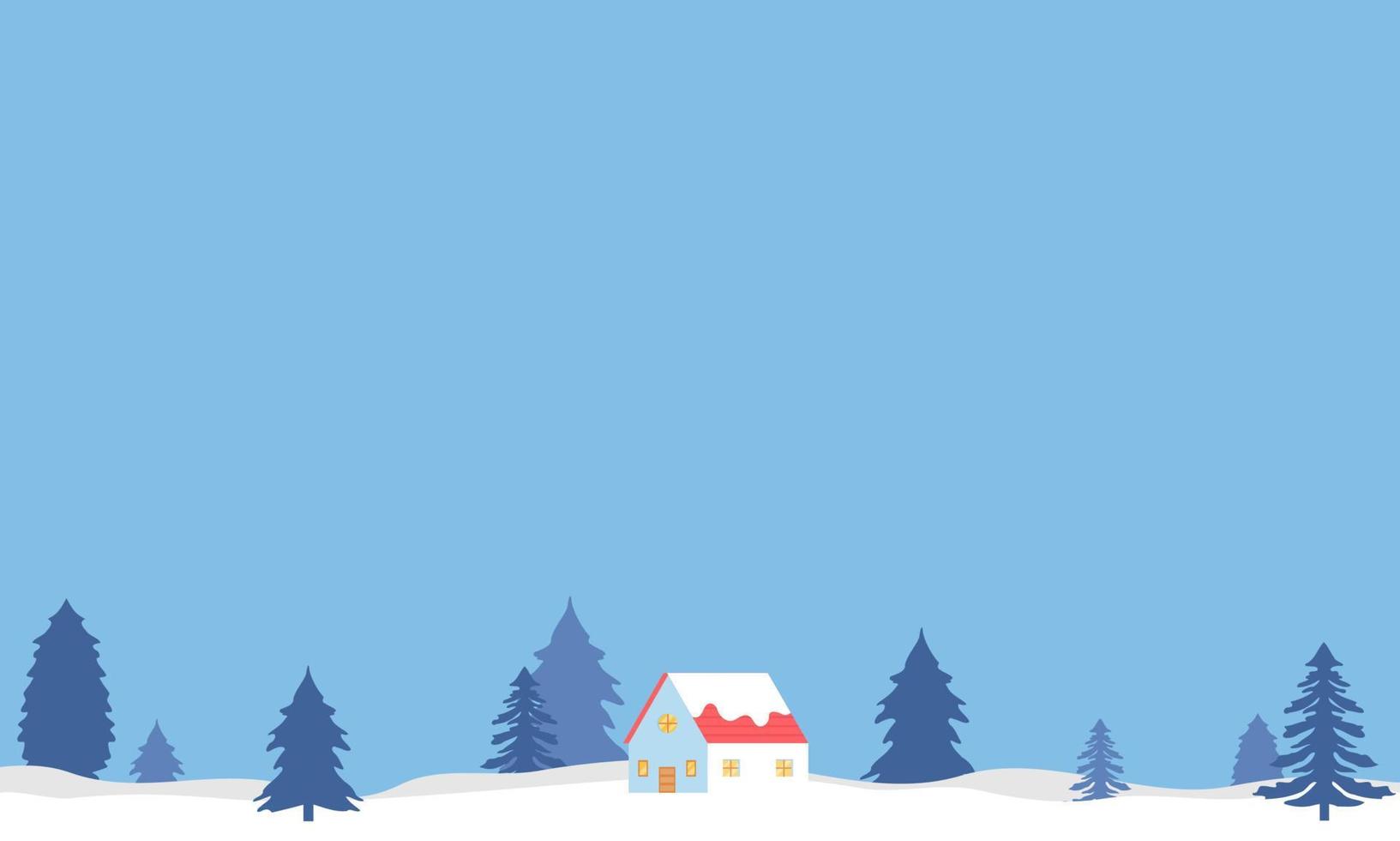 inverno paesaggio illustrazione con pino alberi, nuvole, e Casa. inverno sfondo con piatto stile design. inverno illustrazione con cartone animato stile. Ciao inverno. vettore