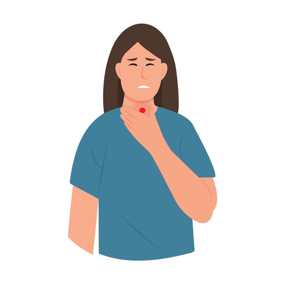 triste donna con un' dolore nel gola. sintomo di influenza o virus infezione. donna con dolorante gola. piatto vettore illustrazione