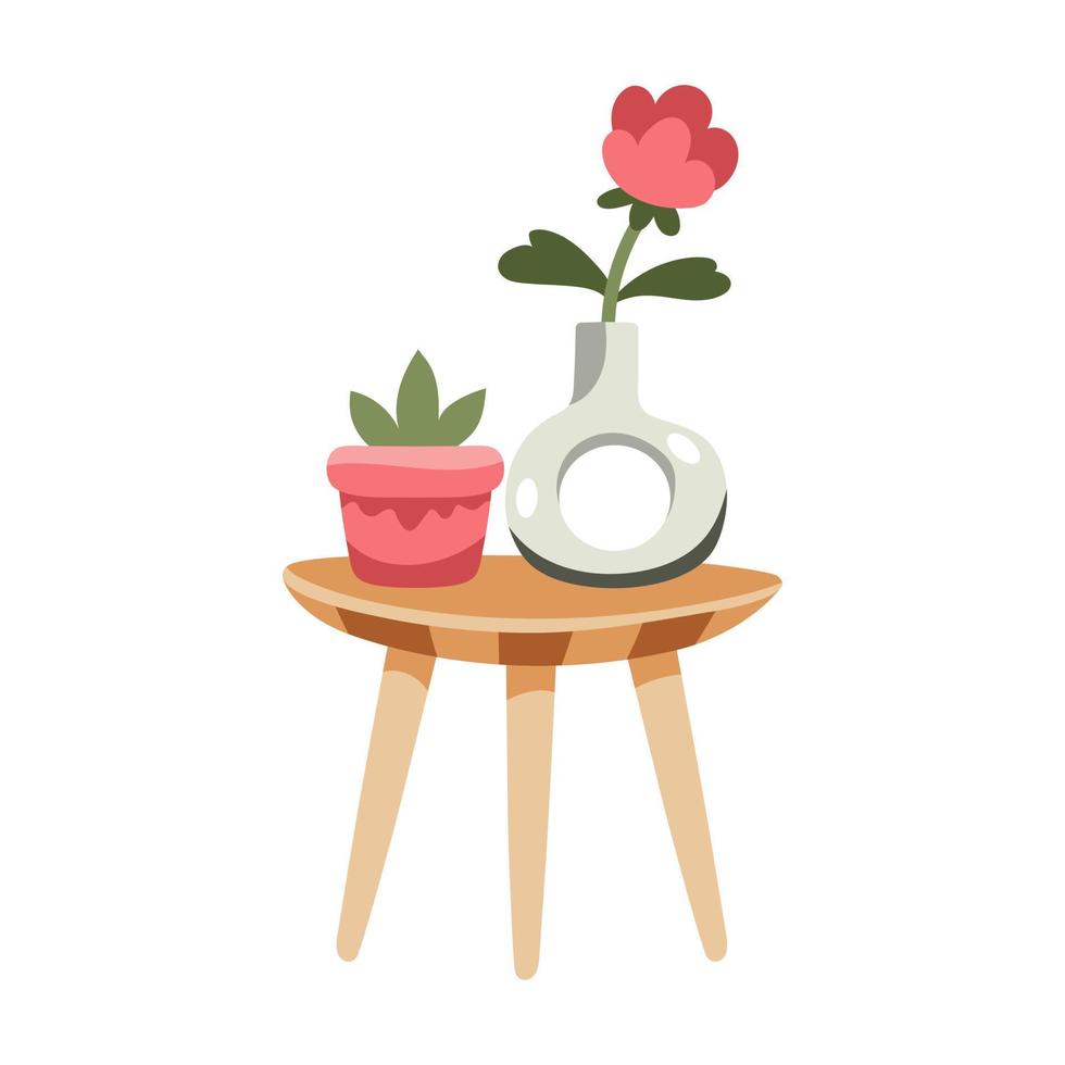 retrò di legno piccolo tavolo con pianta nel un' vaso di fiori e Vintage ▾ vaso con fiore vettore