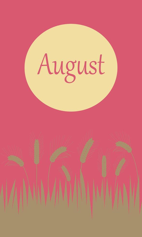 agosto. estate striscione. tramonto, Grano campo. adatto per cartoline, calendari, promozionale prodotti. cartone animato vettore illustrazione