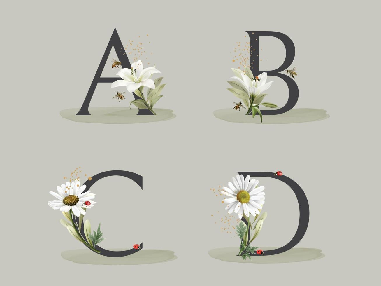 bellissimo floreale alfabeto impostato con mano disegnato fiore e le foglie vettore