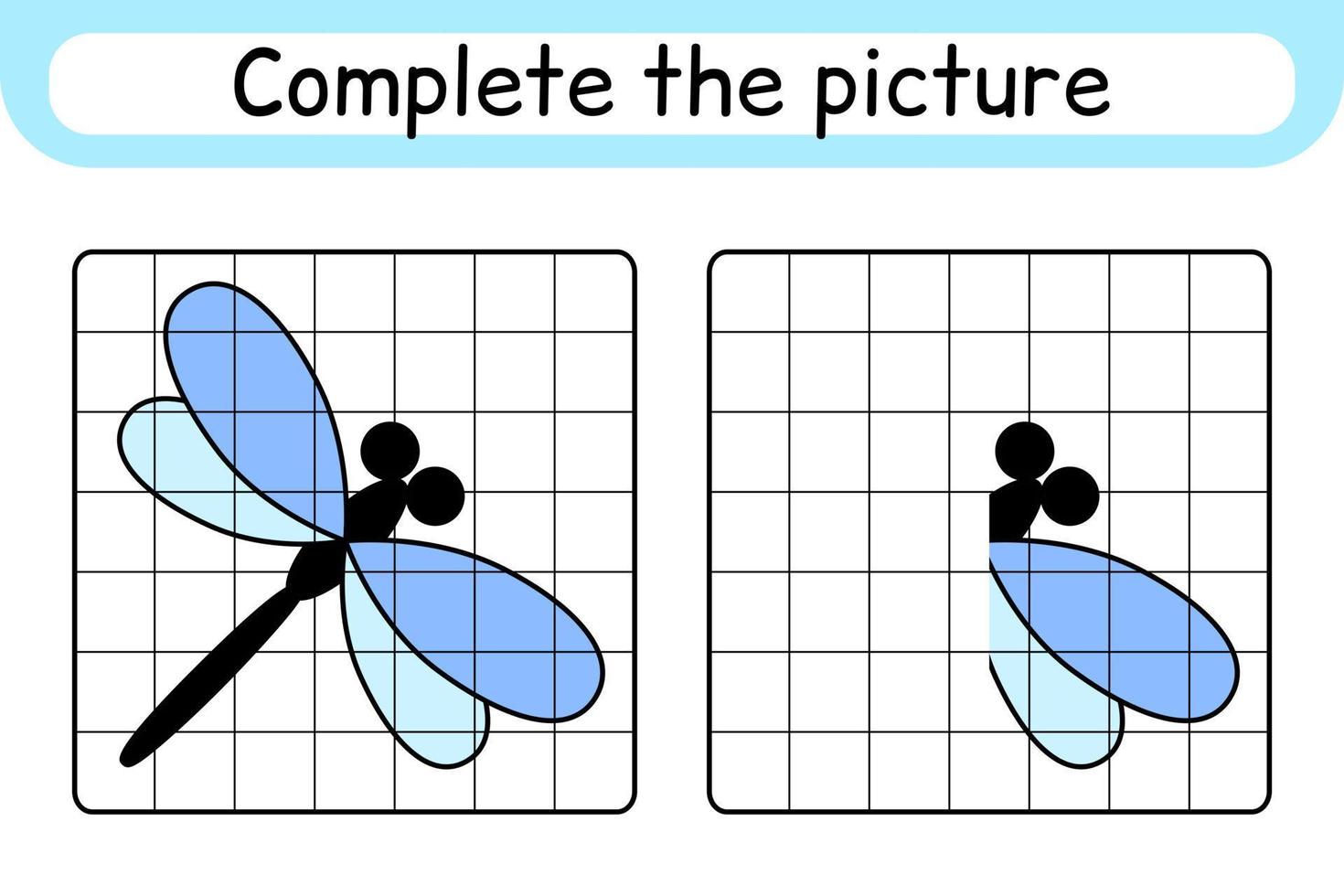 completare il immagine libellula. copia il immagine e colore. finire il Immagine. colorazione libro. educativo disegno esercizio gioco per bambini vettore
