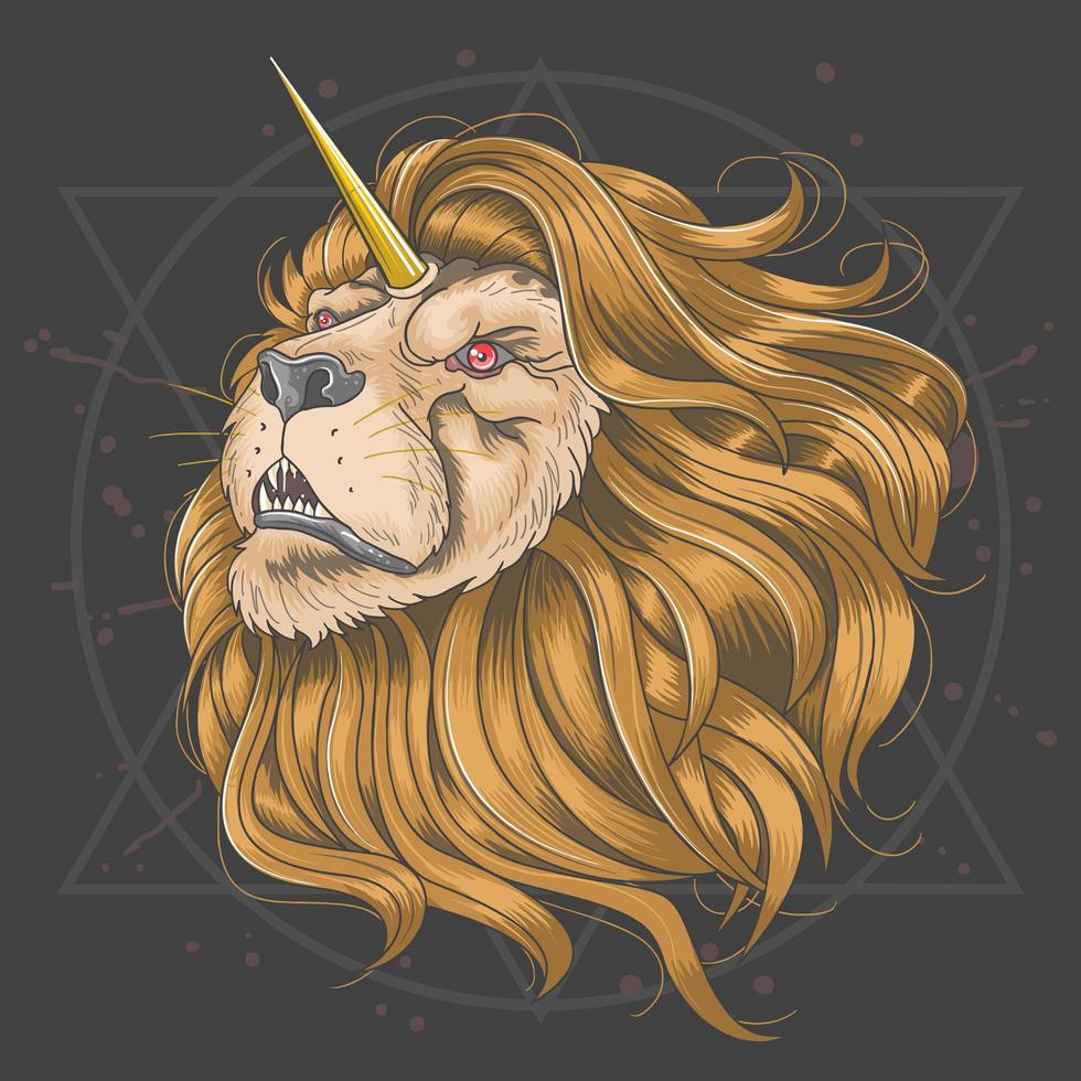testa di leone con corno di unicorno d'oro vettore