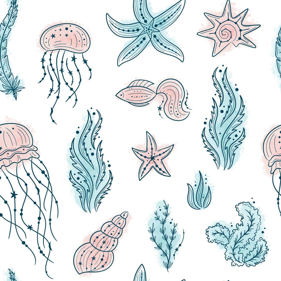 senza soluzione di continuità modello con conchiglie, alga marina, pesce e stelle marine. marino vita su bianca sfondo. per stampa, tessuto, tessile, produzione, sfondi. sotto il mare vettore