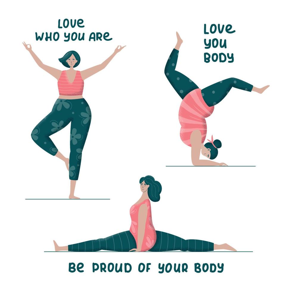 impostato di bodypositive più dimensione donne fare yoga. di moda piatto vettore illustrazione per stampe, manifesti, striscioni. femminismo, accettazione e libertà. amore il tuo corpo lettering