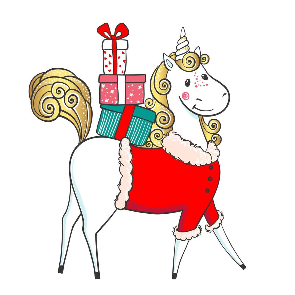 mano disegnato carino unicorno-babbo natale con i regali isolato su bianca sfondo. cartone animato fantasia animale. sognare simbolo. Natale concetto. vettore illustrazione.