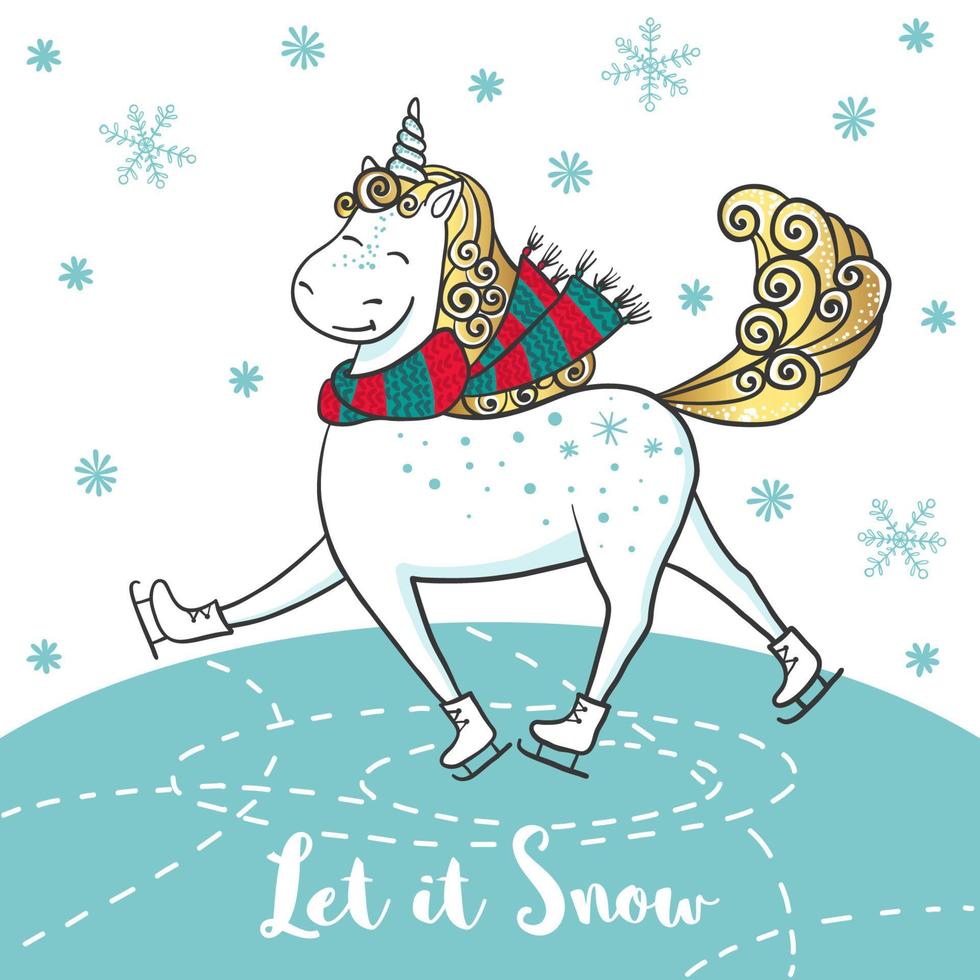 inverno carta con carino unicorno nel un' sciarpa su pattini. cartone animato mano disegnato unicorno. Ciao inverno volta. vettore illustrazione. design per saluto carte, maglietta e altro