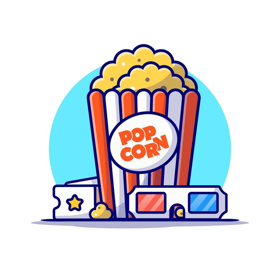 Popcorn, 3d bicchieri e biglietto cartone animato vettore icona illustrazione. cibo arte icona concetto isolato premio vettore. piatto cartone animato stile