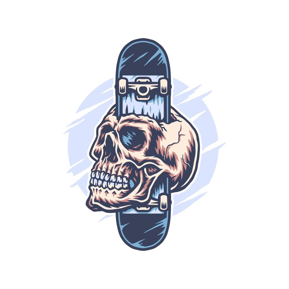 skateboard attraverso cranio, mano disegnato linea con digitale colore, vettore illustrazione