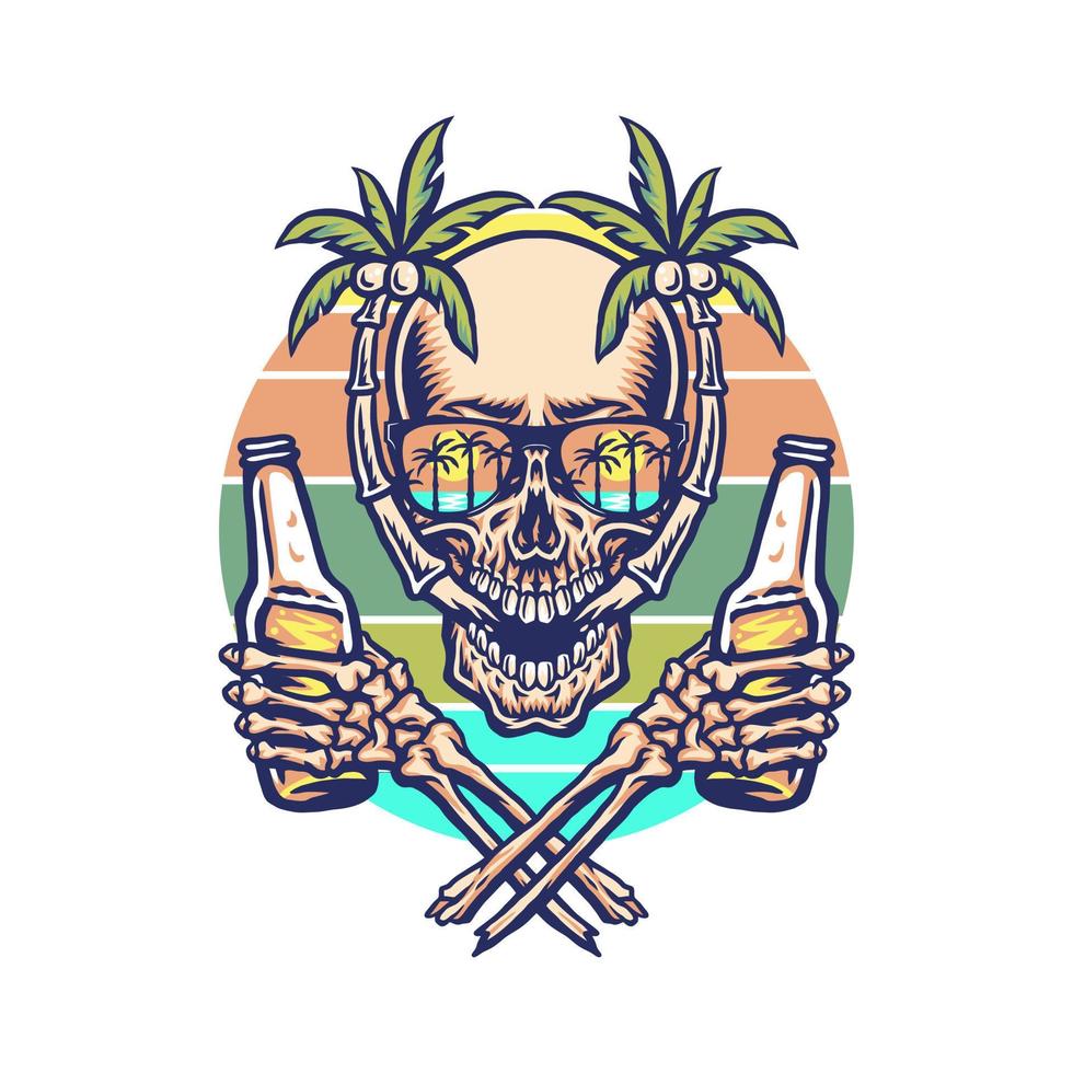 cranio estate spiaggia maglietta grafico disegno, mano disegnato linea con digitale colore, vettore illustrazione
