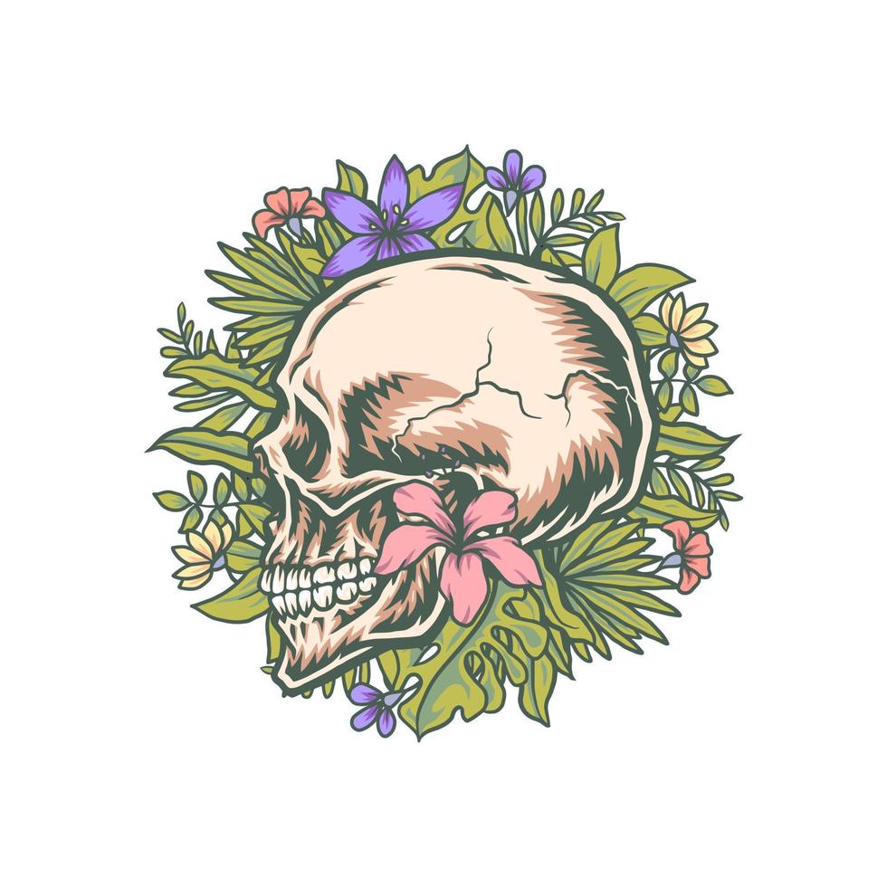 cranio e esotico tropicale fiori, mano disegnato linea con digitale colore, vettore illustrazione