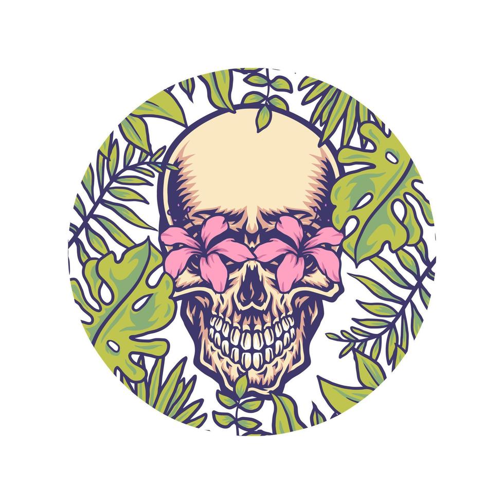cranio con tropicale confine, mano disegnato linea con digitale colore, vettore illustrazione