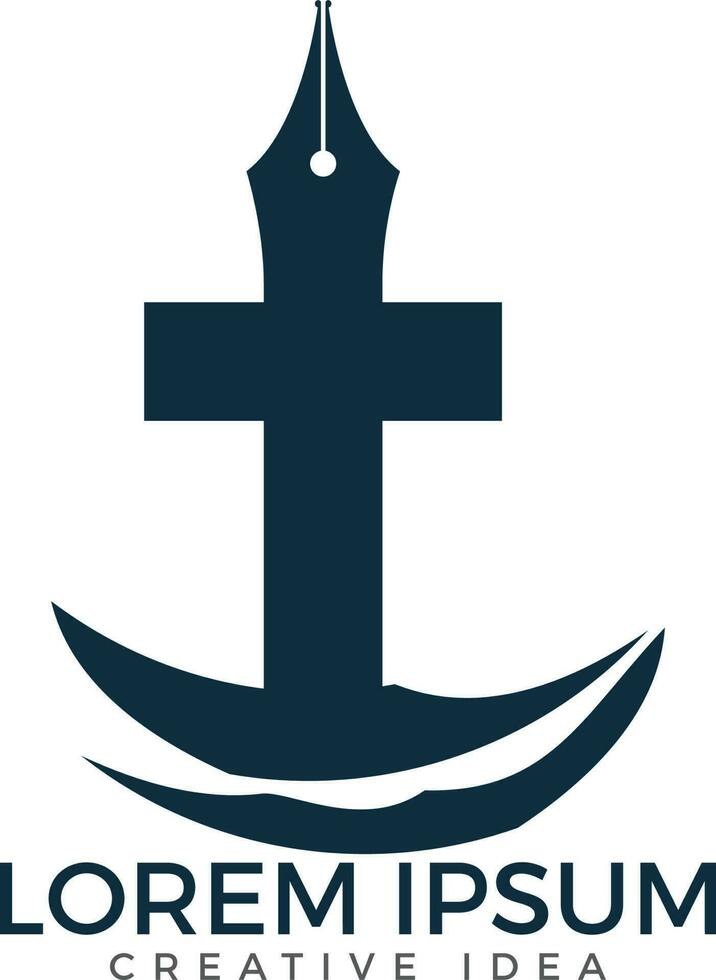 cristiano Chiesa vettore logo design. crocifissione e penna pennino icona. religioso educativo simbolo. Bibbia apprendimento e insegnamento classe.