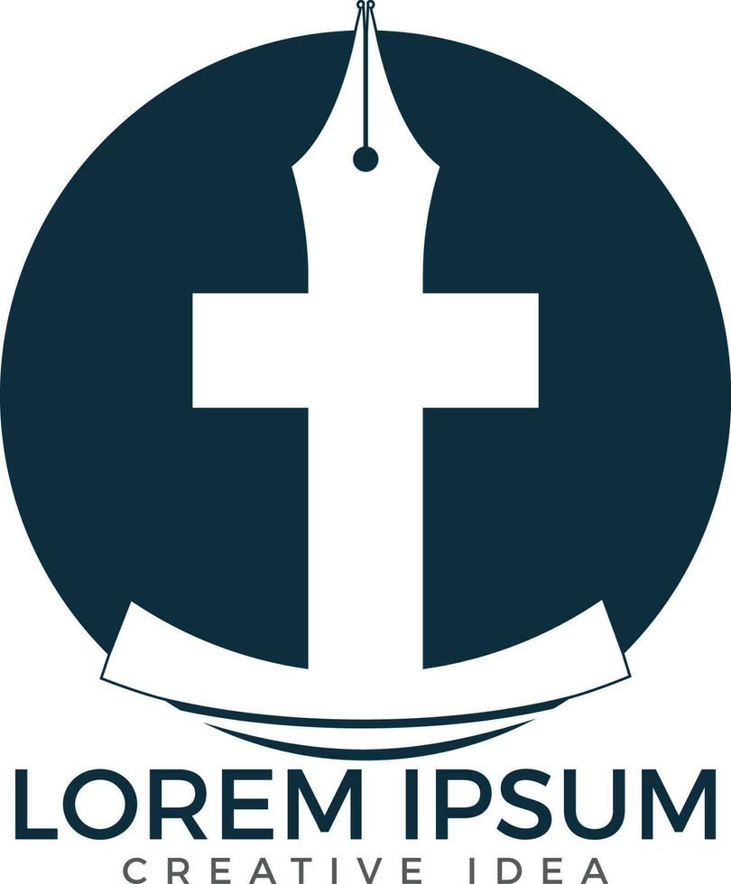 cristiano Chiesa vettore logo design. crocifissione e penna pennino icona. religioso educativo simbolo. Bibbia apprendimento e insegnamento classe.