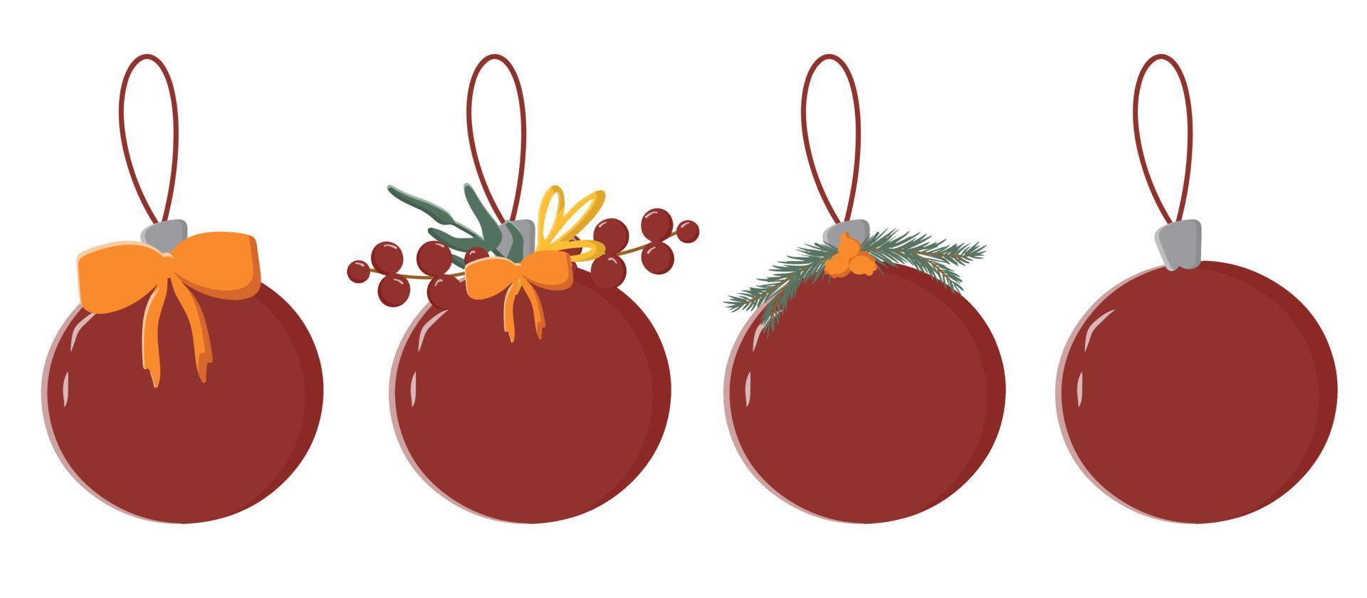 impostato di vettore Natale palle con decorativo elementi, abete e botanico ramoscelli, rosso frutti di bosco e un' arco. collezione è un' Natale giocattolo con un' bellissimo arredamento nel un' piatto cartone animato stile