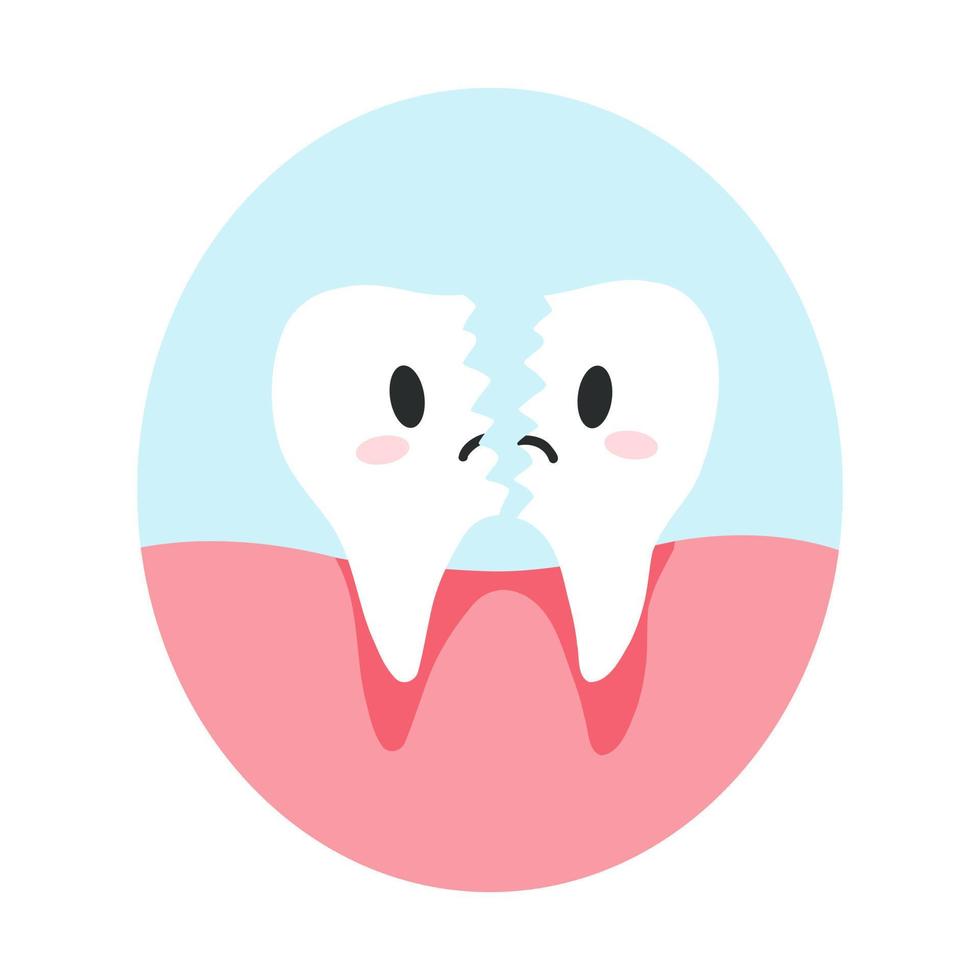 rotto Cracked dente nel cartone animato piatto stile. vettore illustrazione di scontento Diviso denti carattere, dentale cura concetto, orale igiene