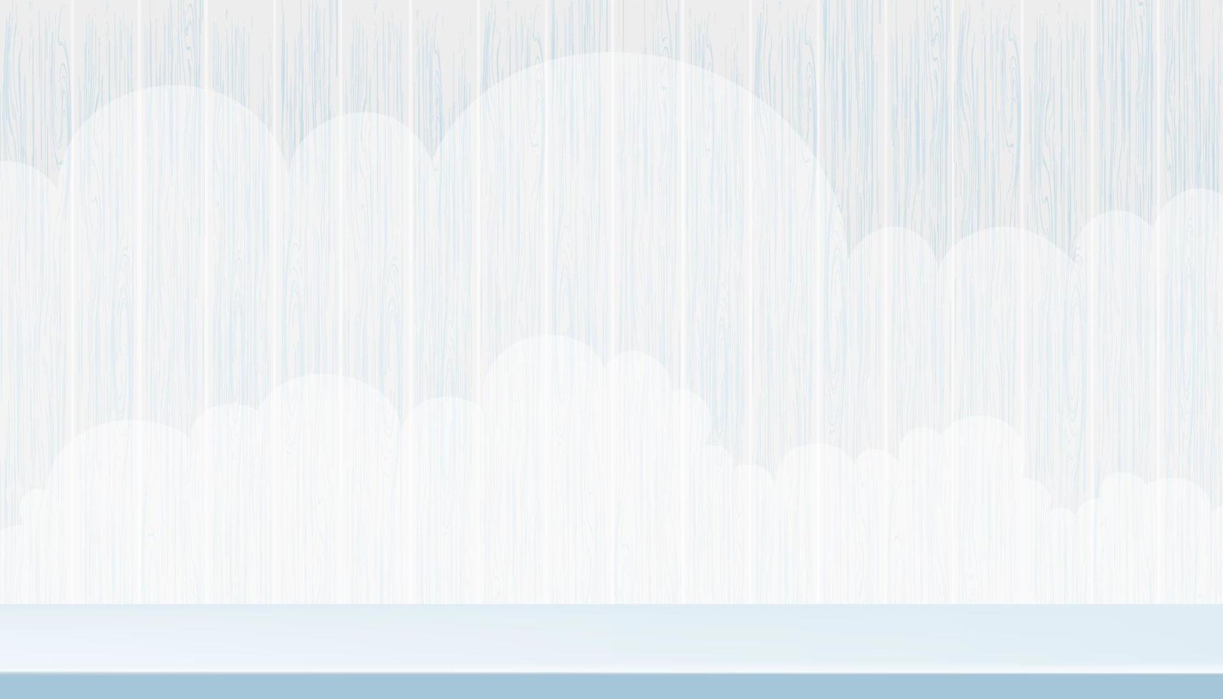 legna struttura sfondo con blu ripiano, 3d Schermo studio camera con passo In piedi e nuvole cielo su blu di legno pannello parete, vettore illustrazione fondale bandiera per Prodotto presentazione, saldi, promozione