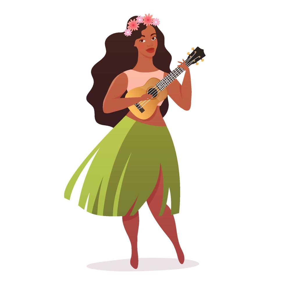 giovane donna hula ballerino nel tradizionale hawaiano gonna con ukulele chitarra. vettore illustrazione isolato su bianca sfondo