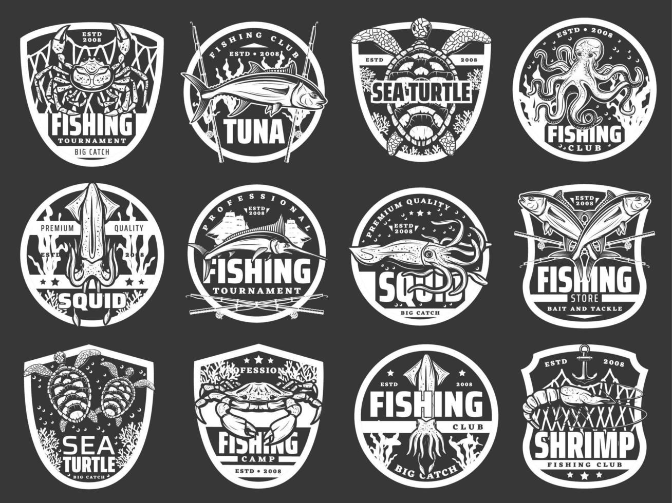 pesce, frutti di mare, pescatore affrontare icone, pesca vettore
