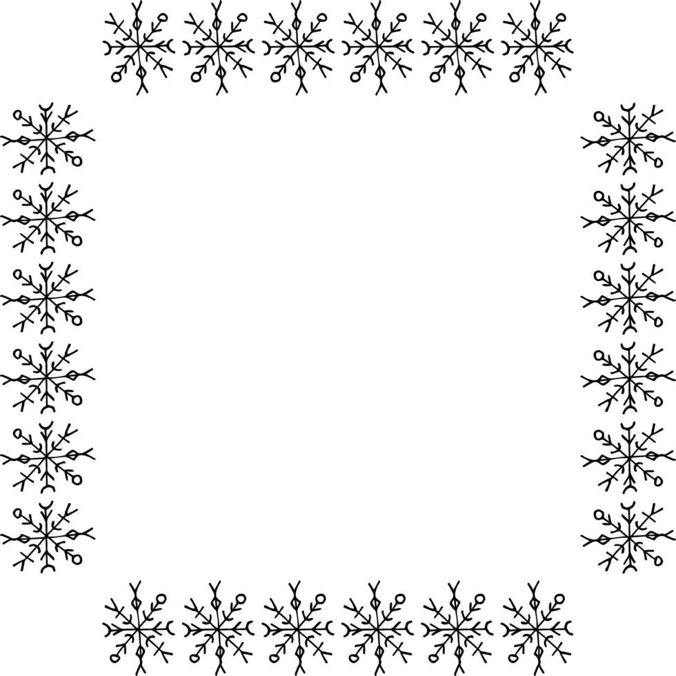 piazza telaio con disegnato a mano nero i fiocchi di neve su bianca sfondo. vettore Immagine.