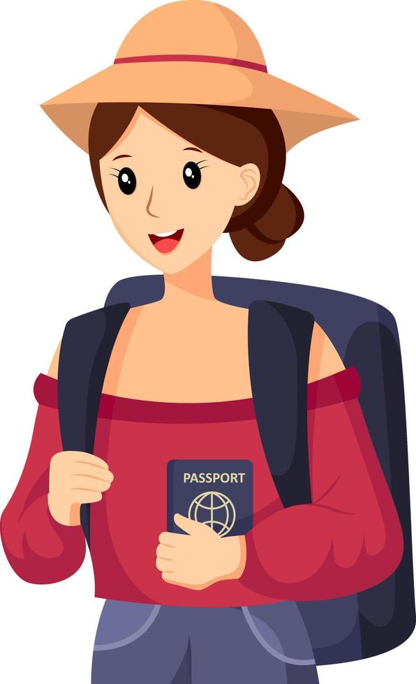 donna in viaggio con passaporto personaggio design illustrazione vettore