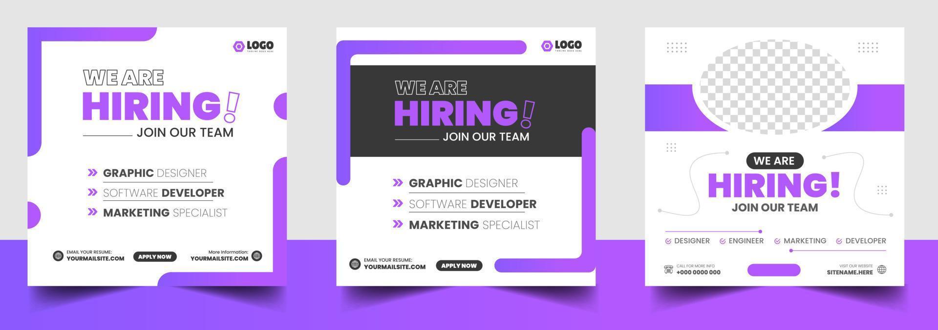 stiamo assumendo un modello di progettazione di banner post sui social media di posti di lavoro con colore viola. stiamo assumendo un design di banner web quadrato per offerte di lavoro. vettore