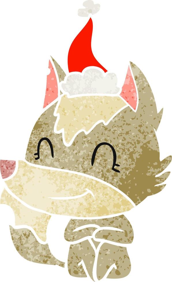 simpatico cartone animato retrò di un lupo che indossa il cappello di Babbo Natale vettore