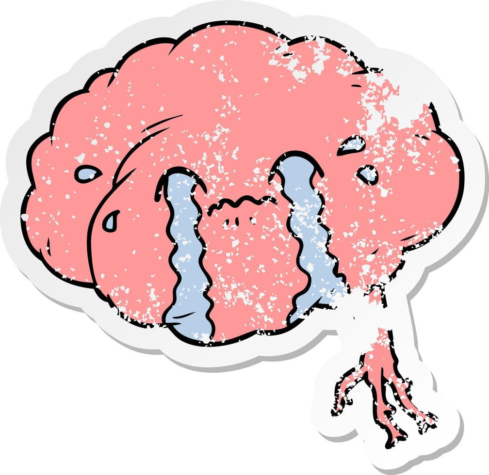 afflitto etichetta di un' cartone animato cervello con mal di testa vettore